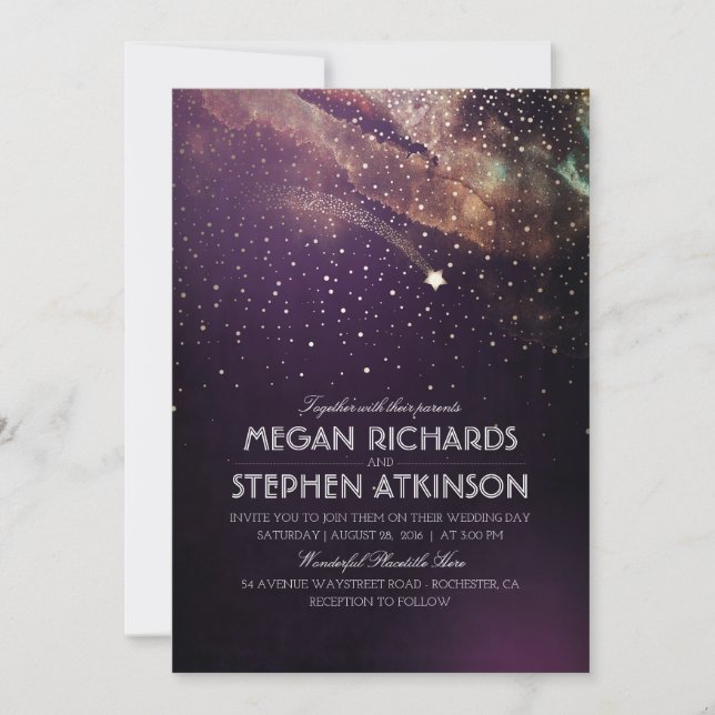 Invitation Plum Purple Night Gold Tir Star Mariage (Devant)