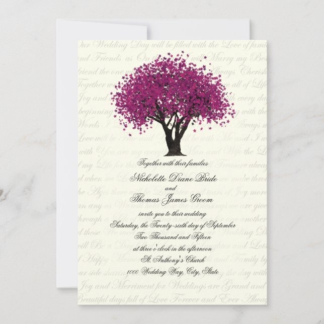 Invitation Plum Purple Tree Dancing Blooms Mariage (Devant)