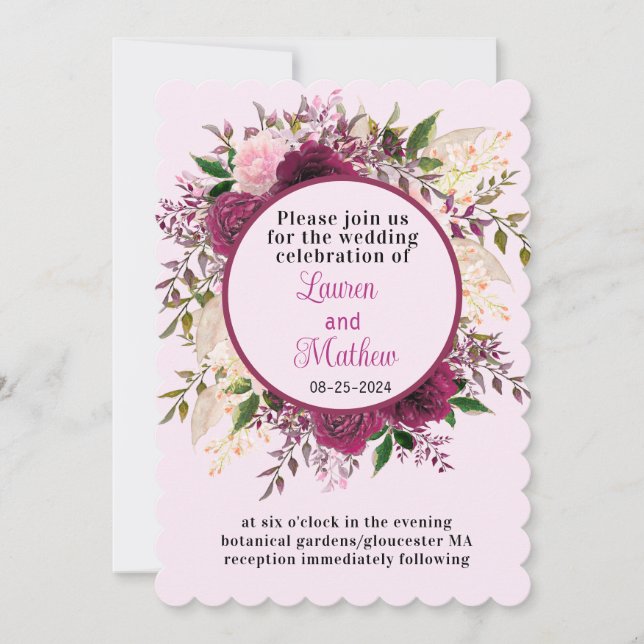 Invitation Plum romantique Bourgogne Blush rose Mariage flora (Devant)