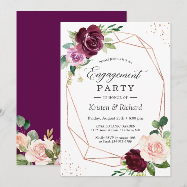 Invitation Plum romantique Violet Blush Floral Engagement (Devant / Derrière)