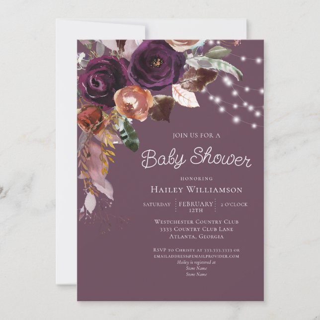 Invitation Plum rose Purple Chaîne Florale Baby shower clair (Devant)