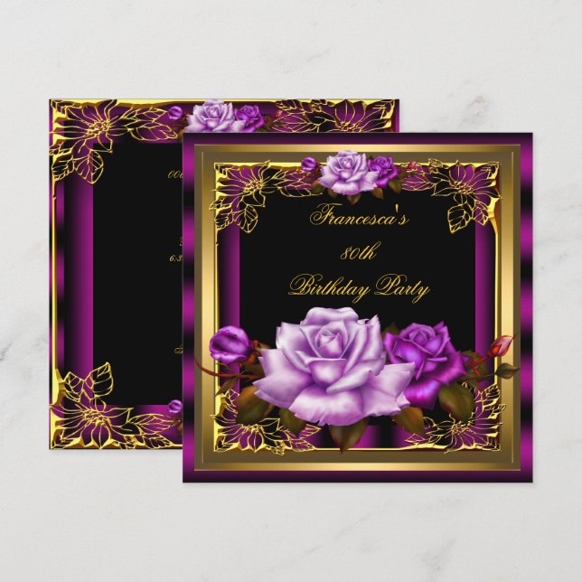 Invitation Plum rose violet Rose or élégant Anniversaire 5 (Devant / Derrière)