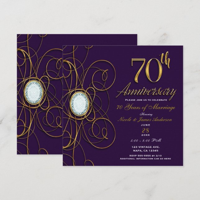 Invitation Plum Royal Purple Gold Diamond 70 70e anniversaire (Devant / Derrière)