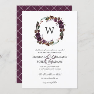 Invitation Plum rustique   Autum Floral Wreath Monogram Maria
