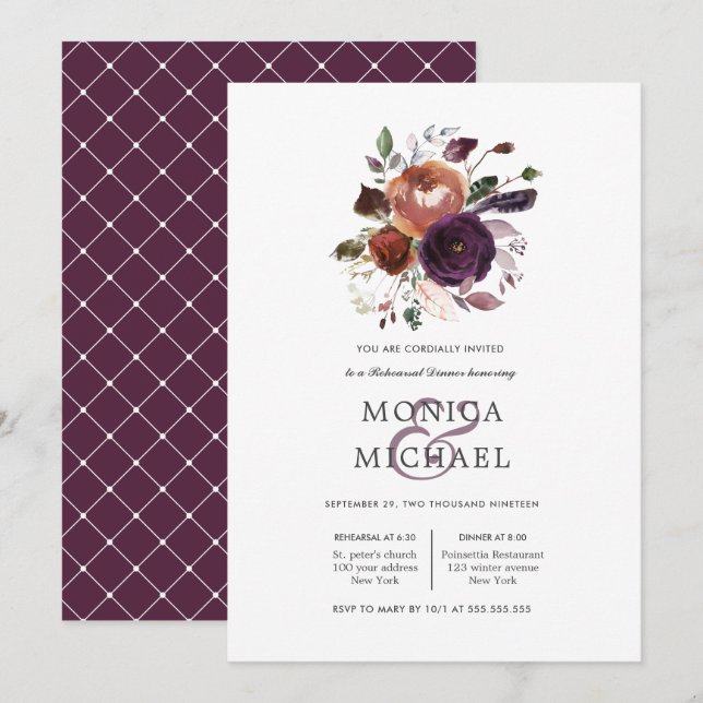 Invitation Plum rustique | Dîner de répétition Fleurs + plume (Devant / Derrière)