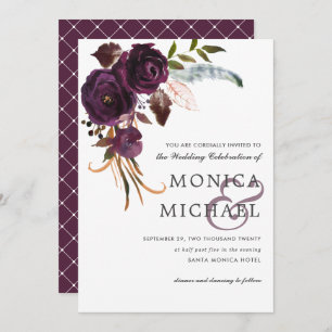 Invitation Plum rustique   Purple Floral corner Mariage chic