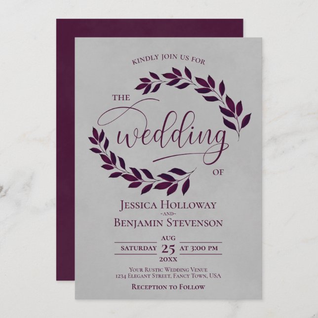 Invitation Plum rustique violet Feuilles Élégant gris Mariage (Devant / Derrière)