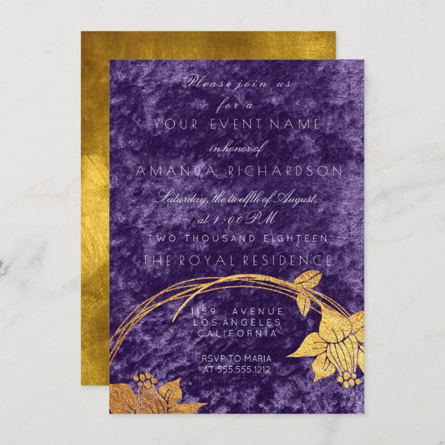 Invitation Plum velours violet Ultra Violet or Floral Wreath (Devant / Derrière)