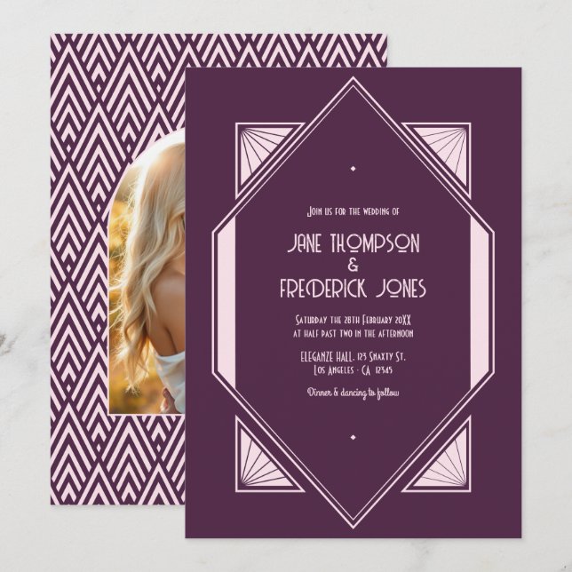 Invitation Plum Velvet & Soft Blush Art Deco Wedding Photo (Devant / Derrière)