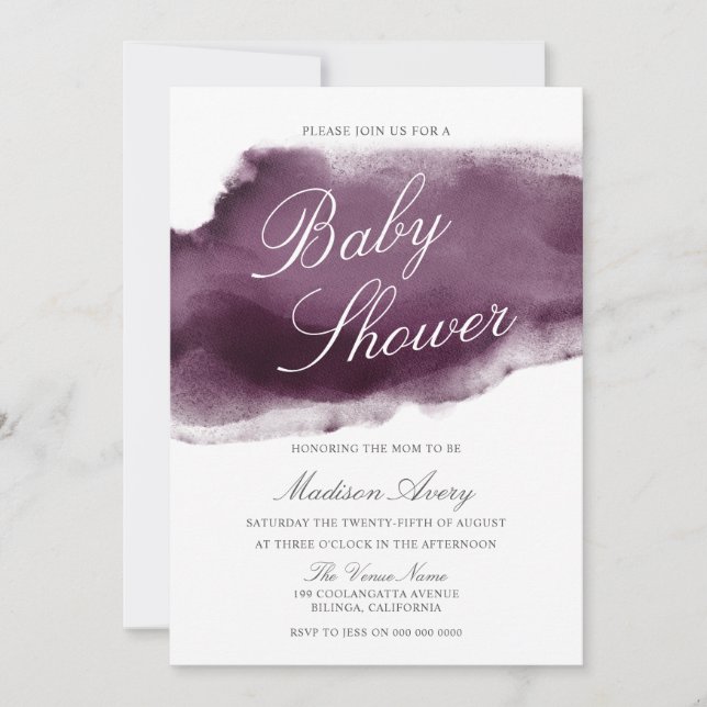 Invitation Plum violet Baby shower d'aquarelle moderne (Devant)