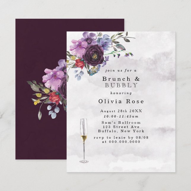 Invitation Plum Violet Botanique Peony Brunch & Bubbly (Devant / Derrière)