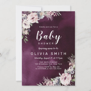 Invitation Plum violet et baby shower floral rose bouho pouss