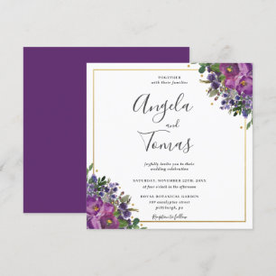 Invitation Plum violet Floral Carré Mariage or 