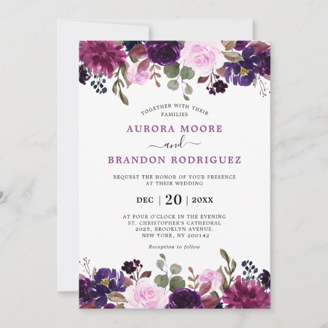 Invitation Plum violet Lavande d'aubergine Floral Chic Mariag (Devant)