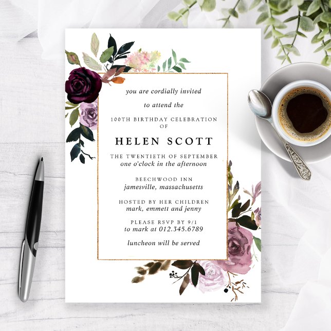 Invitation Plum violet mauve rose floral 100e anniversaire (Créateur téléchargé)
