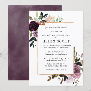 Invitation Plum violet mauve rose floral 80e anniversaire