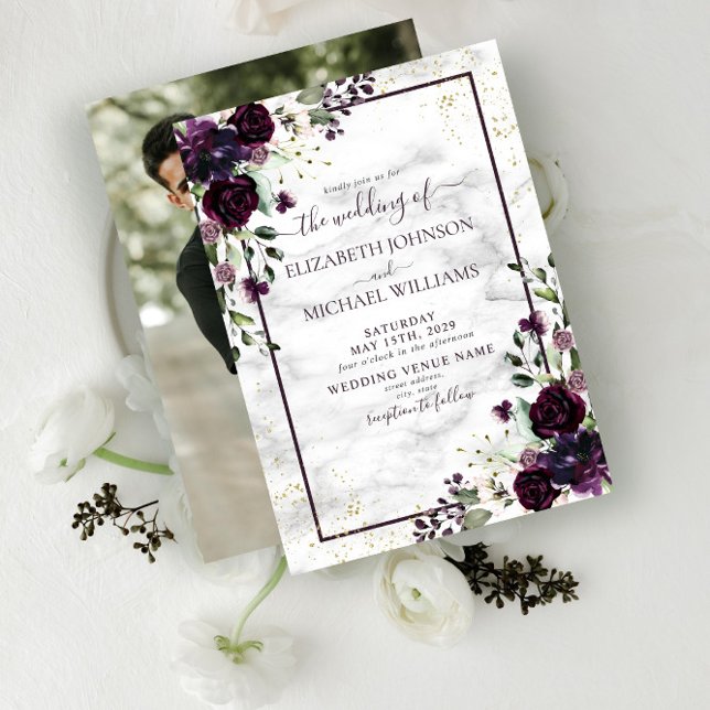 Invitation Plum violet or Aquarelle marbre Mariage photo (Créateur téléchargé)