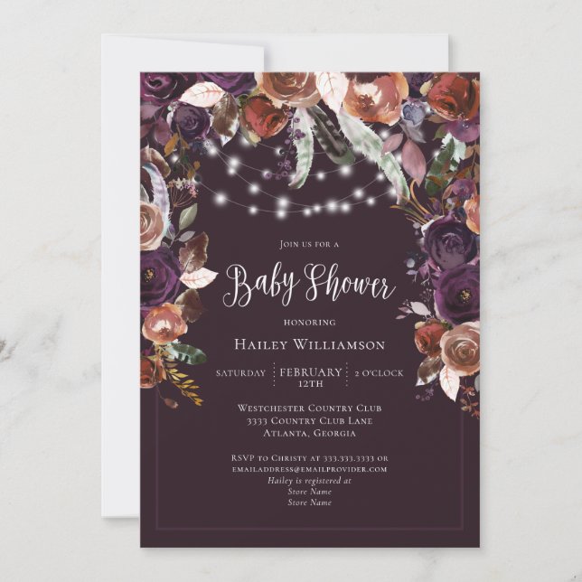Invitation Plum, Violet, Or Floral String Baby shower de lumi (Devant)