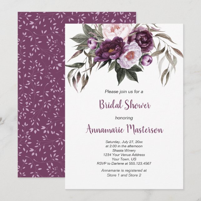 Invitation Plum violet Pink Peonies Fête des mariées verte (Devant / Derrière)
