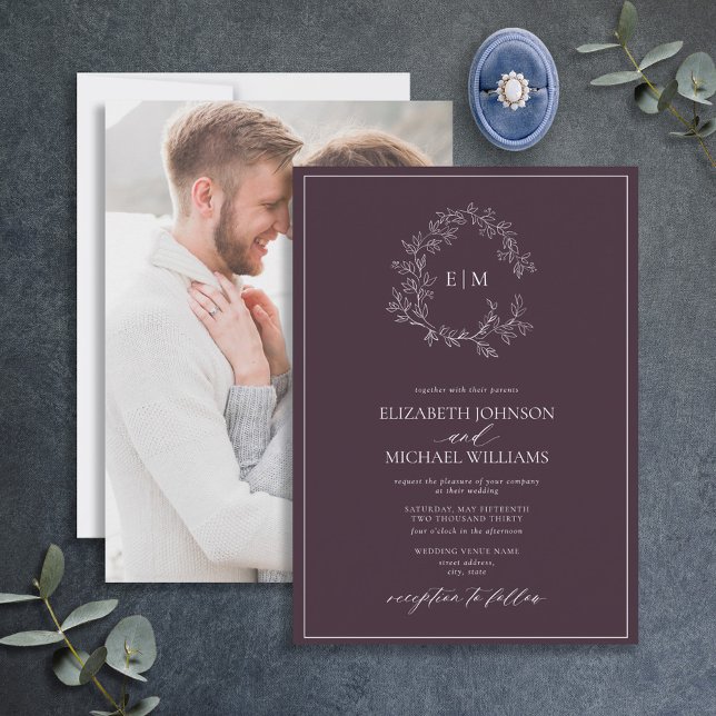 Invitation Plum violet poitrine feuillue Monogramme Mariage p (Créateur téléchargé)