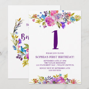 Invitation Plum violet rose et bleu Fleurs premier anniversai