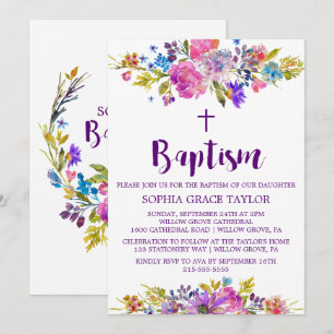 Invitation Plum violet rose et fleurs bleues Baptême