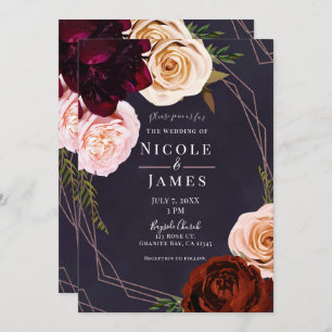 Invitation Plum violet Rose or moderne Rustique Mariage flora