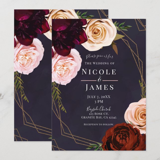Invitation Plum violet Rose or moderne Rustique Mariage flora (Devant / Derrière)