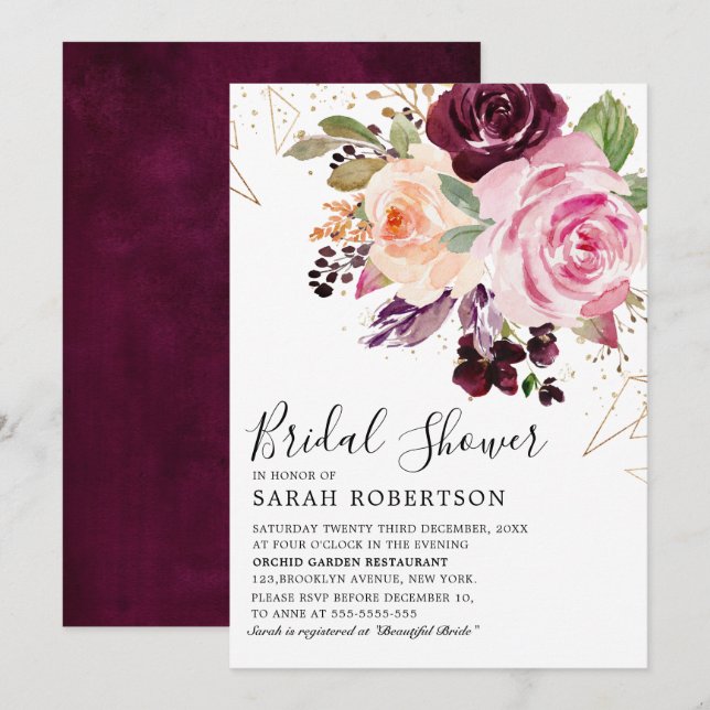 Invitation Plum violet rose pâle Fête des mariées botanique (Devant / Derrière)