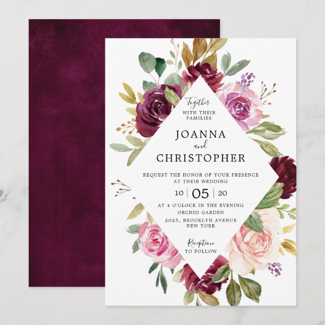 Invitation Plum violet rose pâle Mariage géométrique floral (Devant / Derrière)