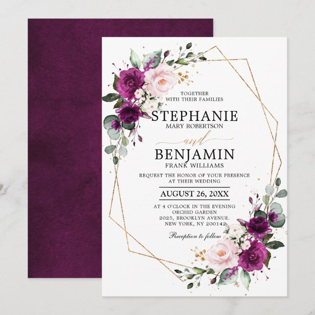 Invitation Plum violet rose rose rose rose Boho Mariage géomé (Devant / Derrière)