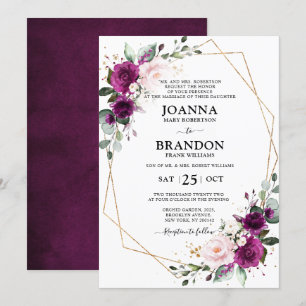 Invitation Plum violet Roses roses rose pâle Mariage géométri
