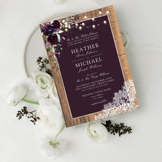 Invitation Plum violet Russe dentelle de bois Mariage Invita (Créateur téléchargé)