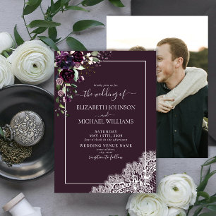 Invitation Plum violet rustique Script dentelle Mariage photo