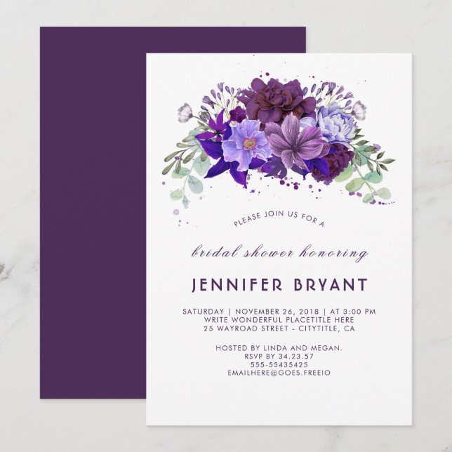 Invitation Plum Violet Violet Floral Élégant Fête des mariées (Devant / Derrière)