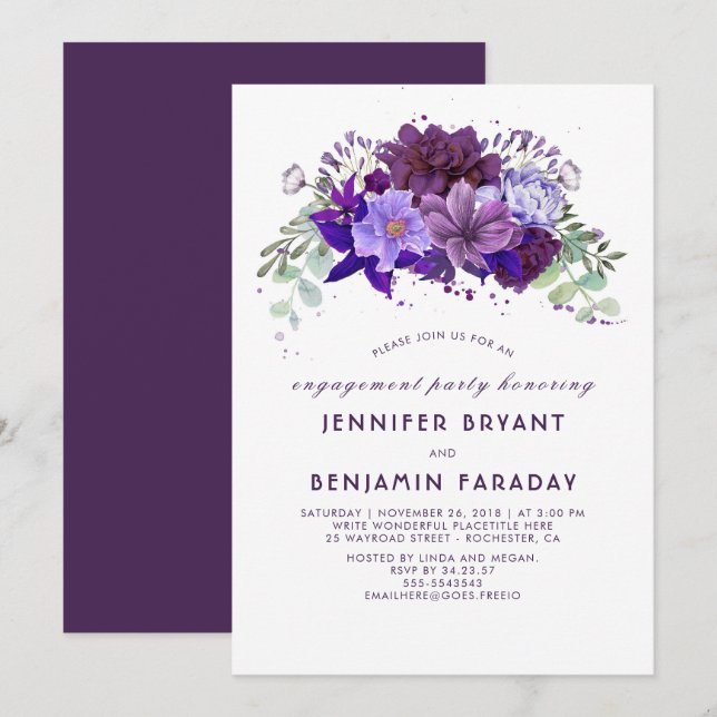 Invitation Plum Violet Violet Floral Élégant Parti d'engageme (Devant / Derrière)