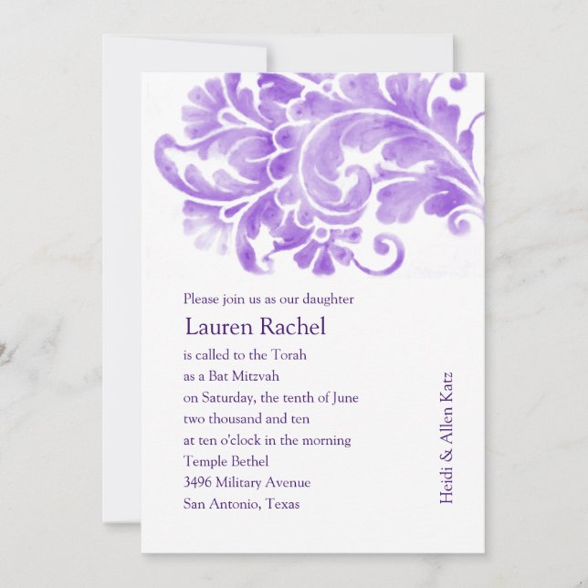 Invitation Plume bat mitzvah antique (Devant)