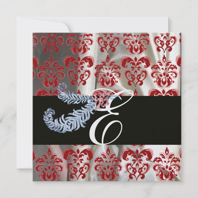 INVITATION PLUME DE DIAMANT ROUGE GLACE BLANCHE SOIE DAMASSÉE (Devant)