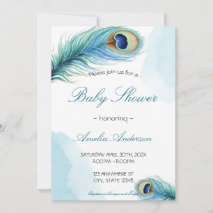 Invitation Plume de Paon Aquarelle Élégante Baby Shower