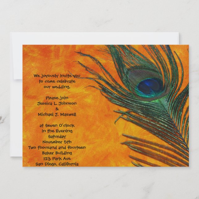 Invitation Plume de paon avec le mariage orange (Devant)