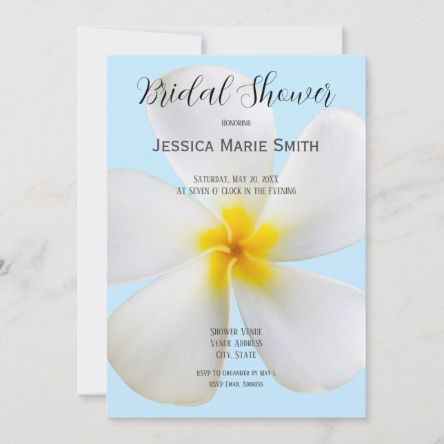 Invitation Plumeria blanche sur Bleu, Floral, Fête des mariée (Devant)