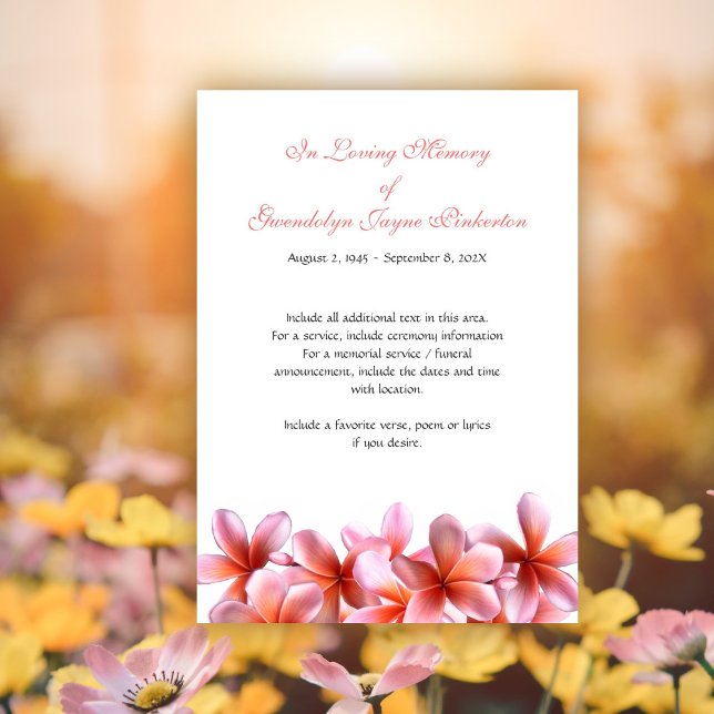 Invitation Plumeria Pink Floral Funeral Service Card (Créateur téléchargé)
