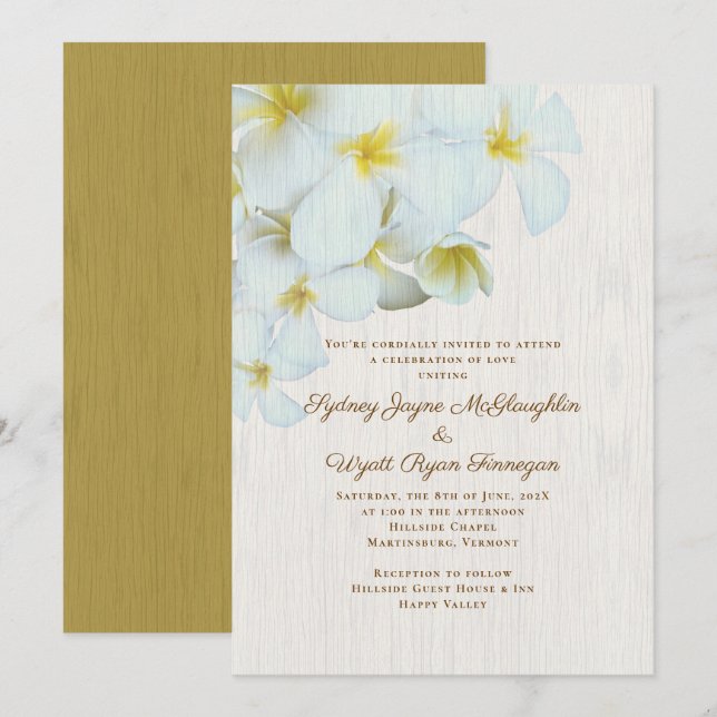 Invitation Plumeria Wood Rustic Hawaiian Flowers Mariage (Devant / Derrière)