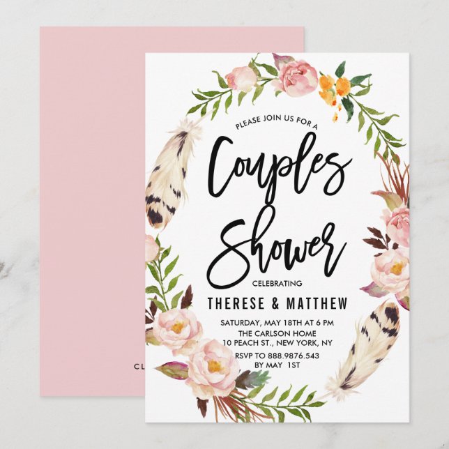 Invitation Plumes de Bohème et Couples de Wreath Floral Douch (Devant / Derrière)
