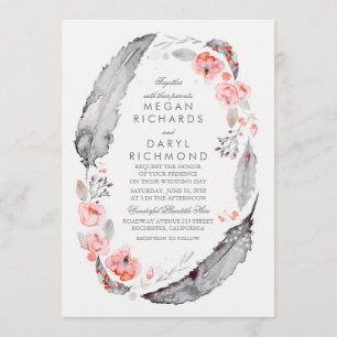 Invitation Plumes de Bohême Mariage rose et gris