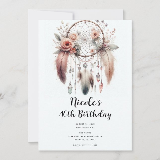Invitation Plumes de cristal floral Dreamcatcher Boho Anniver (Devant)