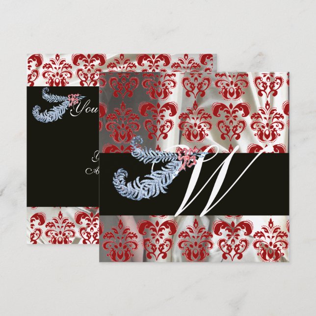 INVITATION PLUMES DE DIAMANT SOIE DAMASSÉE ARGENTÉE ROUGE MON (Devant / Derrière)