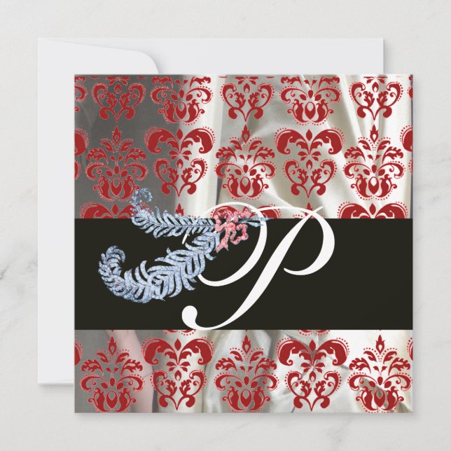 INVITATION PLUMES DE DIAMANT SOIE DAMASSÉE ROUGE BLANC MONOGR (Devant)