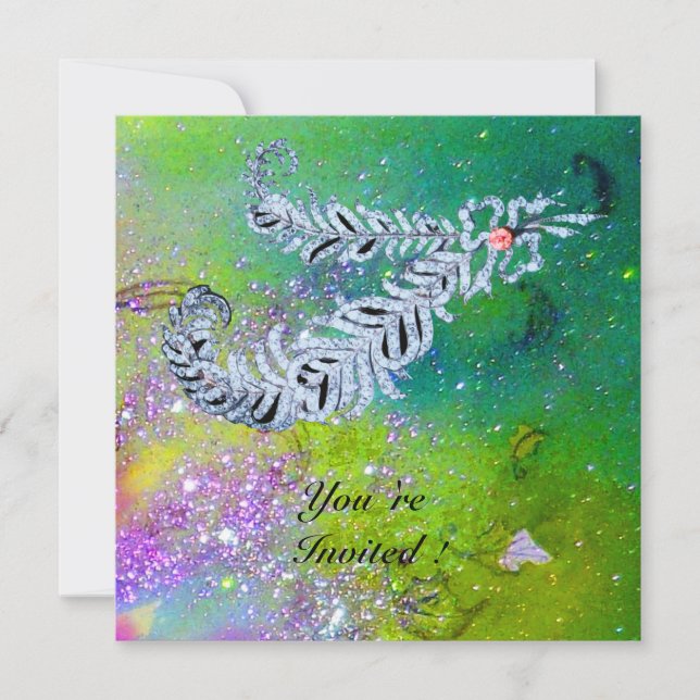 Invitation PLUMES DE DIAMANT , vert violet or étincelles (Devant)