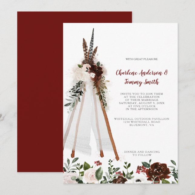 Invitation Plumes de la tribu Boho Bouquet floral Mariage Tee (Devant / Derrière)